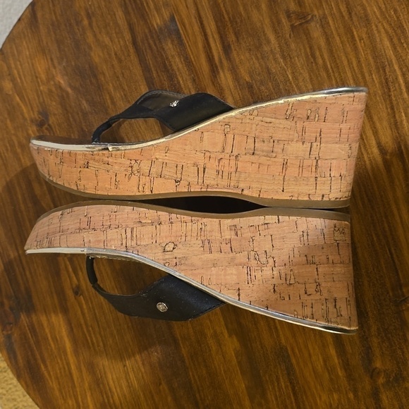 Sam & Libby Womens Black tong cork platform Wedge Sandals Silver CUTE! Sz.7 - Picture 9 of 13